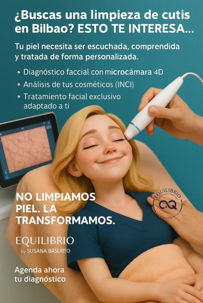 Limpieza facial en Bilbao | Mucho más que limpiar tu piel ¿Estás buscando una limpieza de cutis en Bilbao? Si es así, esto te interesa de verdad. En EQUILIBRIO by Susana Basurto, no realizamos simples limpiezas faciales tradicionales. Ofrecemos una experiencia transformadora: un cuidado facial profundo, consciente y adaptado a ti. Porque tu piel no solo necesita “limpiarse”. Necesita ser escuchada, analizada y tratada con mimo y precisión. Eso es lo que hacemos en cada sesión.