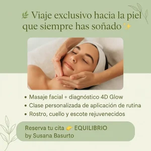 ¿En qué consiste este viaje hacia una piel renovada? Comenzamos con un diagnóstico facial avanzado con microcámara 4D Glow, para detectar manchas, arrugas, poros, niveles de hidratación, descamación… Todo lo que tu piel te está diciendo pero no ves aún. Revisamos el INCI de tus cosméticos actuales: muchos productos pueden estar entorpeciendo tu progreso. Aquí identificamos lo que realmente funciona para ti. Realizas una clase práctica personalizada para aprender a aplicar correctamente cada producto: régimen sencillo, consciente y eficaz. Disfrutarás de un masaje remodelante de autor método 4E, centrado en rostro, cuello y escote, diseñado para tonificar, suavizar líneas de expresión y devolver elasticidad visible desde la primera sesión.